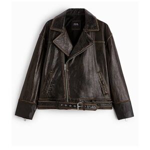NWT Zara Vintage Leather Biker Jacket Brown Belted Moto Size S